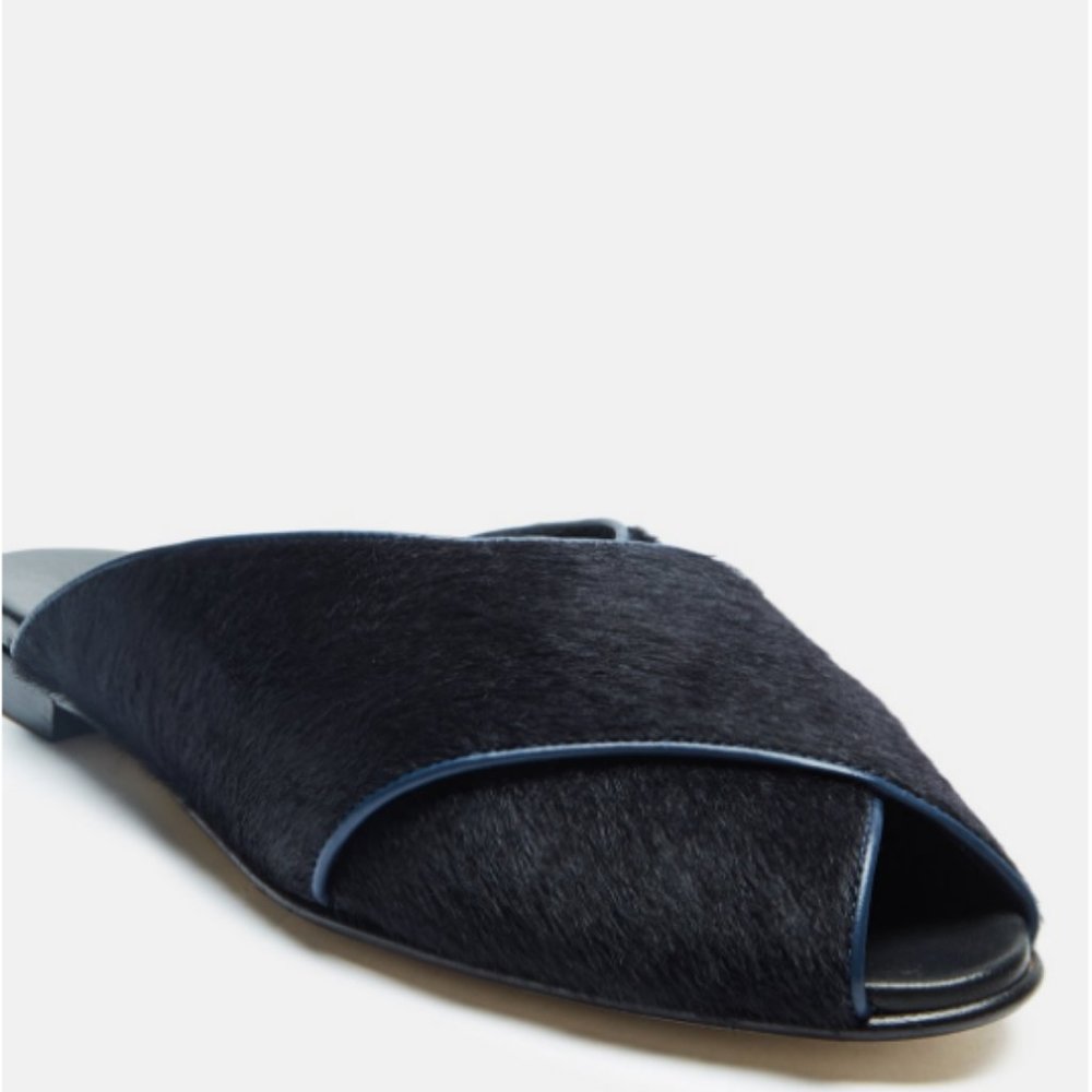 Trademark Pajama Mule criss cross Sandal Dark Navy calf hair slides size 6